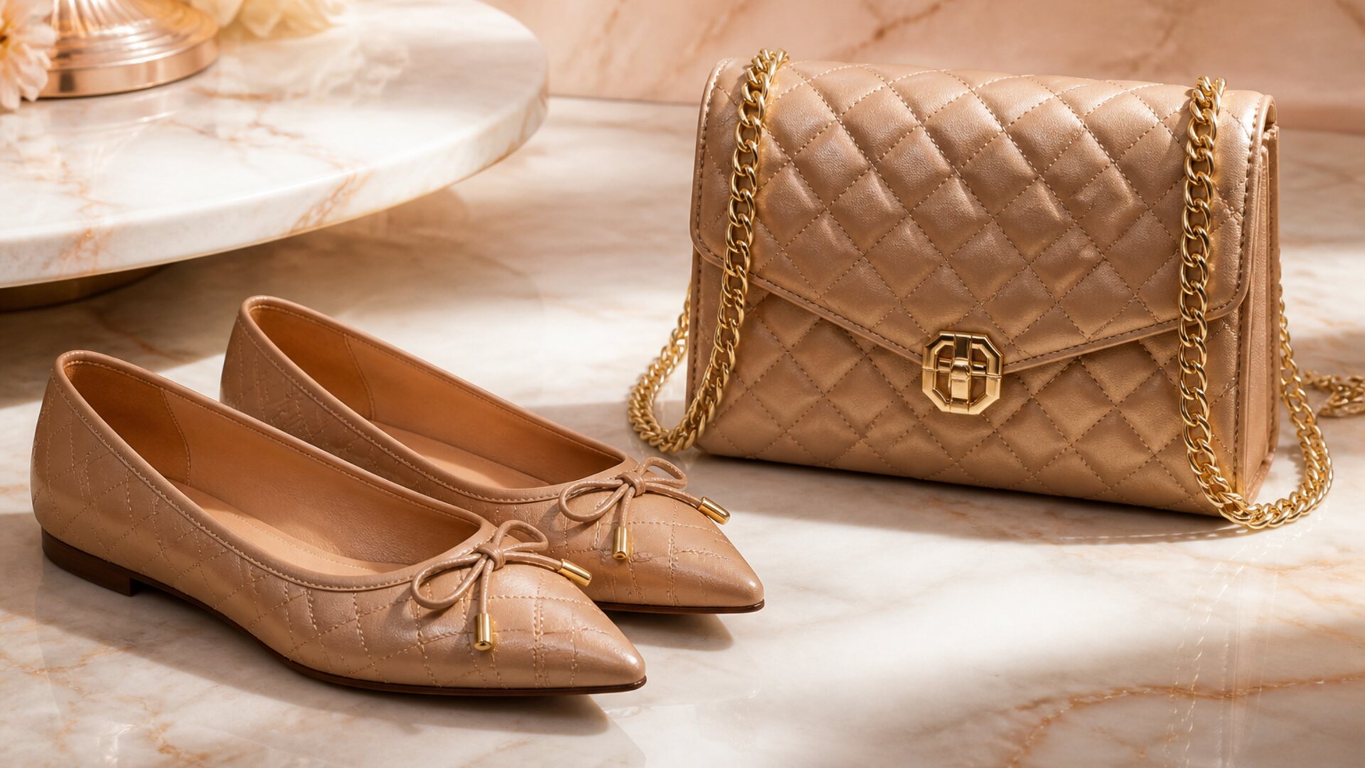 Tan ballet flats and a quilted rose-gold handbag
